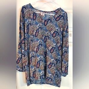 BABA Brand Long Sleeve Blue Paisley Tunic Blouse Top Size S